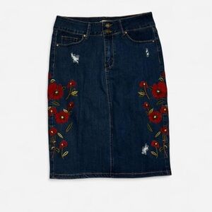 Embroidered Denim Skirt with Red Floral Design